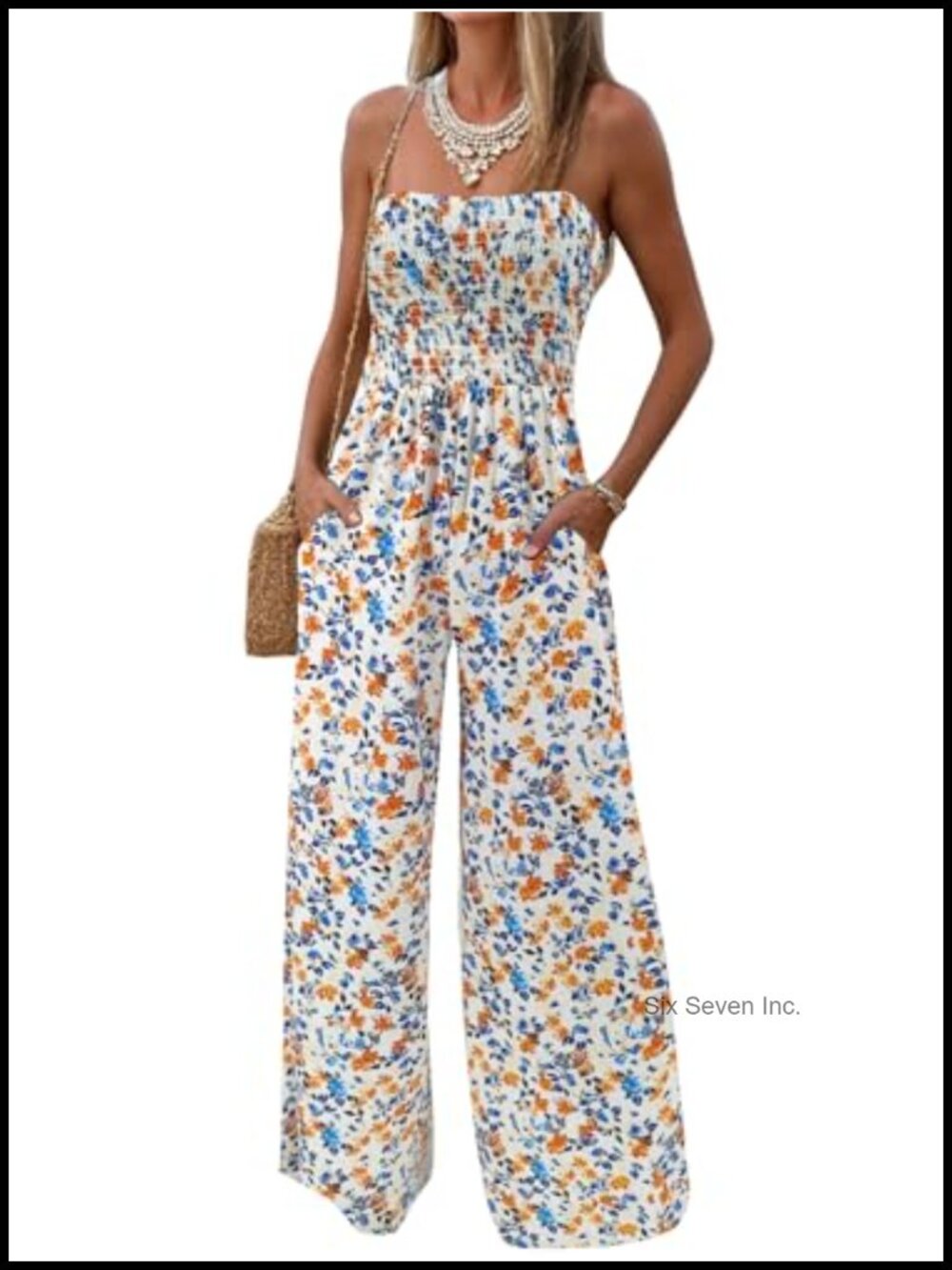 Women Strapless Wide Leg Jumpsuit Smocked Summer Casual Fit